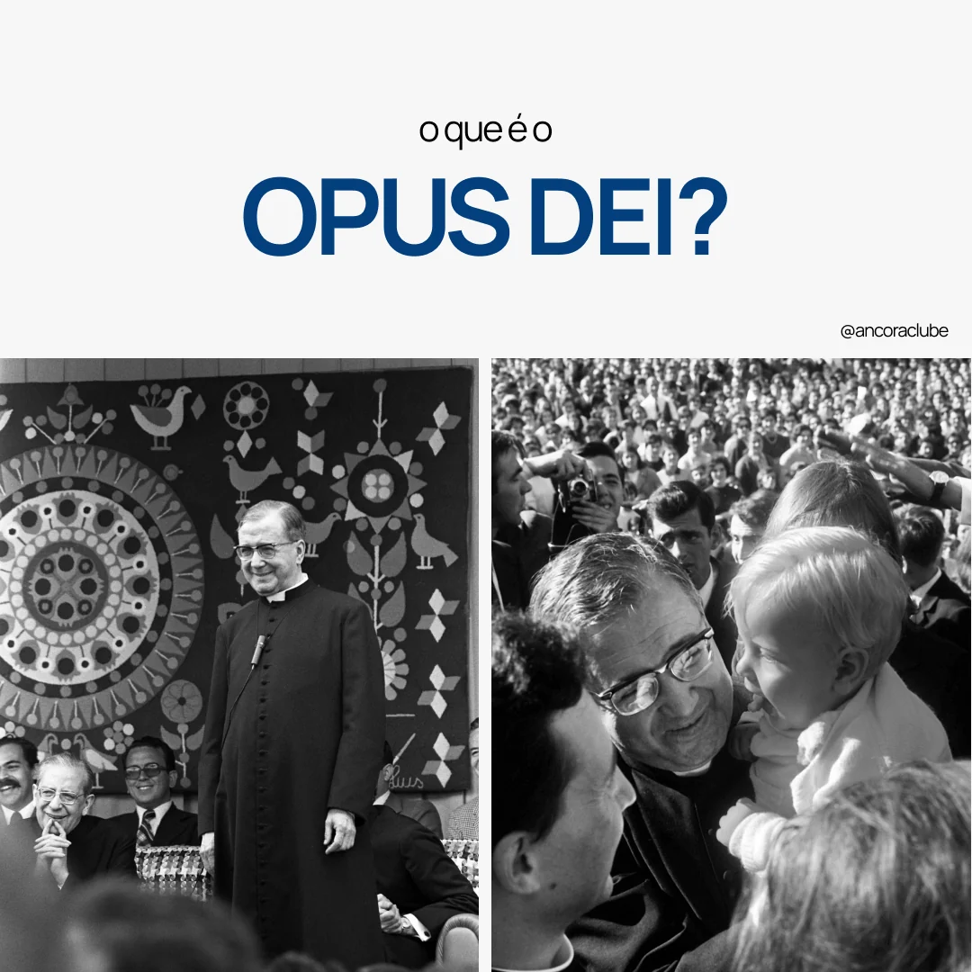 Carousel cover asking what Opus Dei is, in navy capitals over two black and white archive photos of its founder