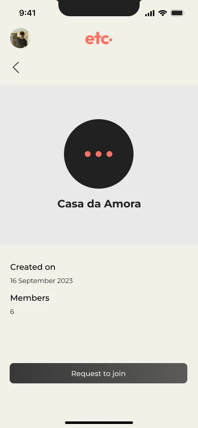 Page for the household Casa da Amora, with its creation date, six members and a Request to join button