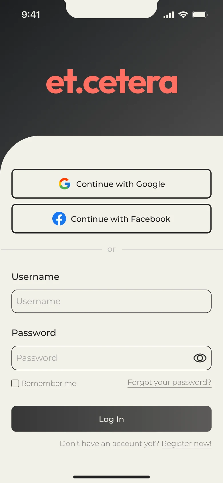Login screen with email and password fields and a Google sign in