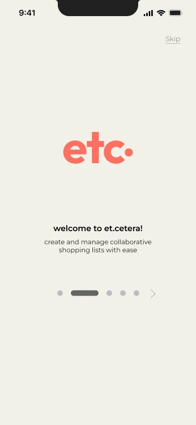 Welcome screen with the etc. symbol: create and manage collaborative shopping lists with ease
