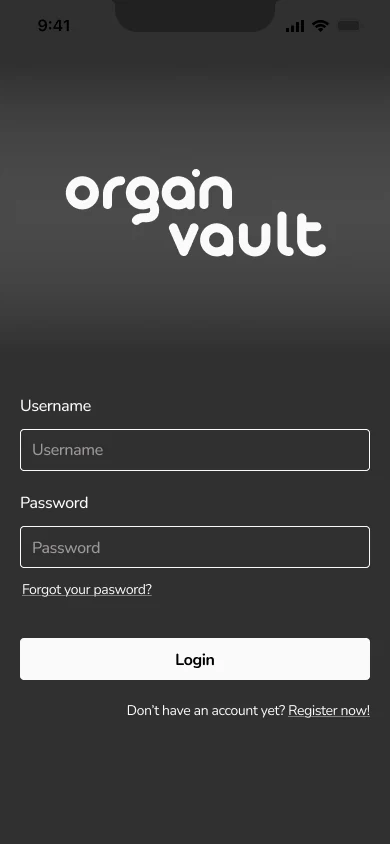 Login screen with username and password fields, a Login button and a link to register