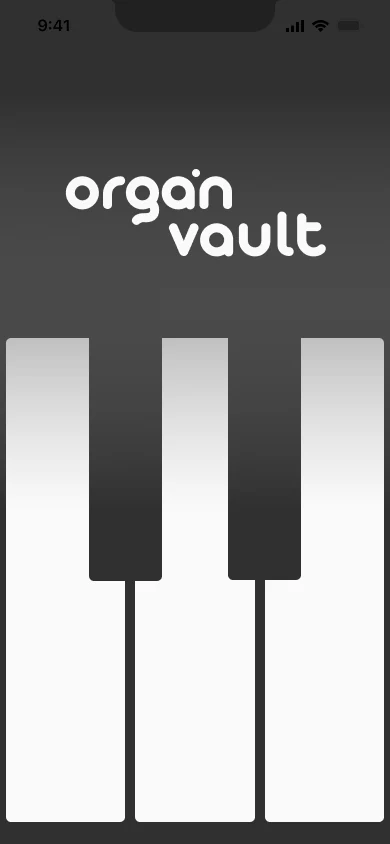 Splash screen: the Organ Vault wordmark above three white and two black organ keys
