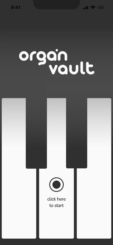 The same keyboard with a record button on the middle key and the words click here to start